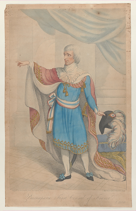 Buonaparte First Consul of France, 1800 04., 1800 04. Creator: Thomas Rowlandson. Buonaparte First Consul of France, 1800 04. full length, in the costume of the Directoire, holding his hat, with a large ostrich feather, in his left hand while his right arm is extended as he points with his forefinger