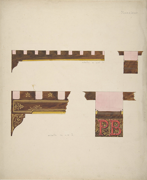 Designs for the painted decoration of ceiling timbers monogrammed  quot PB quot , second half 19th century. Creators: Jules Edmond Charles Lachaise, Eug  xe8 ne Pierre Gourdet. Designs for the painted decoration of ceiling timbers monogrammed  quot PB quot , second half 19th century.