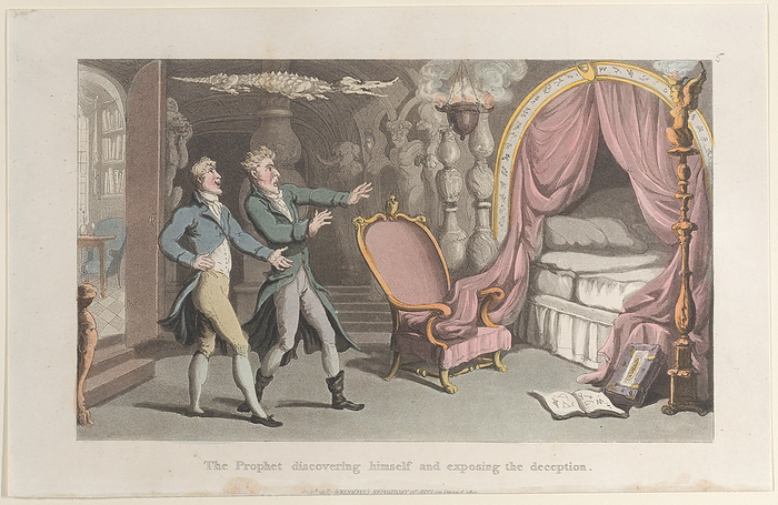 The Prophet discovering himself and exposing the deception, from  quot Journal of Sentimental T..., 1821. Creator: Thomas Rowlandson. The Prophet discovering himself and exposing the deception, from  quot Journal of Sentimental Travels in the Southern Provinces of France, Shortly Before the Revolution quot , 1821.