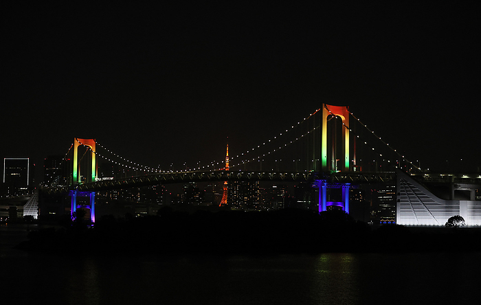 Tokyo s landmark is lit up in red color for  Tokyo alert  June 2, 2020, Tokyo, Japan   The Rainbow Bridge is lit up in rainbow colors before changing to red color for the  Tokyo alert  in Tokyo on Tuesday, June 2, 2020. Tokyo Metropolitan government confirmed 34 people became infected with the new coronavirus on the day and Governor Yuriko Koike warned the  Tokyo alert  for Tokyo residents.      Photo by Yoshio Tsunoda AFLO 