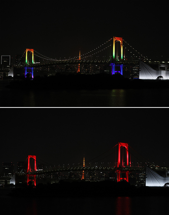 Tokyo s landmark is lit up in red color for  Tokyo alert  June 2, 2020, Tokyo, Japan   This picture shows the Rainbow Bridge lit up from rainbow colors to red color for the  Tokyo alert  in Tokyo on Tuesday, June 2, 2020. Tokyo Metropolitan government confirmed 34 people became infected with the new coronavirus on the day and Governor Yuriko Koike warned the  Tokyo alert  for Tokyo residents.      Photo by Yoshio Tsunoda AFLO 