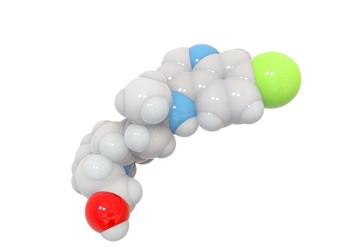 Hydroxychloroquine drug, molecular model Hydroxychloroquine drug, molecular model. This medication is used for the prevention and treatment for malaria. Other uses include treatment of rheumatoid arthritis, lupus, and porphyria cutanea tarda. It is a candidate for an experimental treatment for coronavirus disease 2019  COVID 19 . The chemical formula is C18.H26.Cl.N3.O. Atoms are colour coded: dark grey  carbon , light grey  hydrogen , blue  nitrogen , red  oxygen  and green  chlorine .