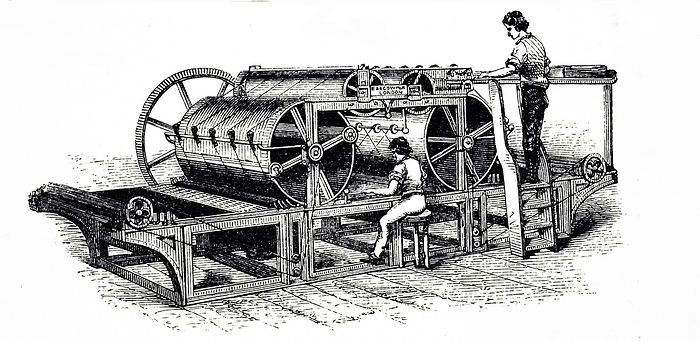 Applegath and Cowper, flatbed printing machine Illustration showing the 1828, Applegath and Cowper, flatbed printing machine used for The Times in London. Augustus Applegath  1788   1871  was an English printer and inventor known for the development of the first workable vertical drum rotary printing press.