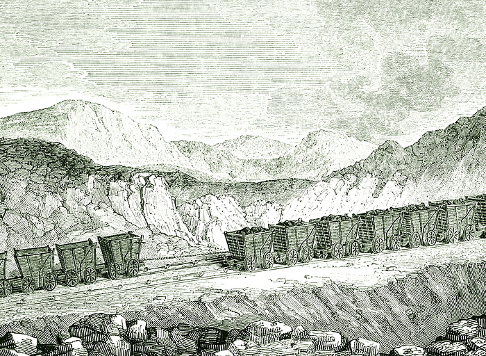 An engraving depicting an inclined plane railway used to carry coal An engraving depicting an inclined plane railway used to carry coal from South Hetton Colliery to Seaham Harbour. The weight of the loaded wagons was sufficient to draw the empty wagons up the plane and back to the colliery. Dated 19th century