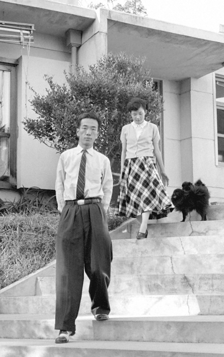 After the news,  Mr. Takamasa Ikeda and Mrs. Atsuko  Junmiya  Mr. Takamasa Ikeda and his wife Atsuko  Jungu  relaxing at home on their third anniversary of their marriage on October 10, 1952, in Okayama City, Japan.