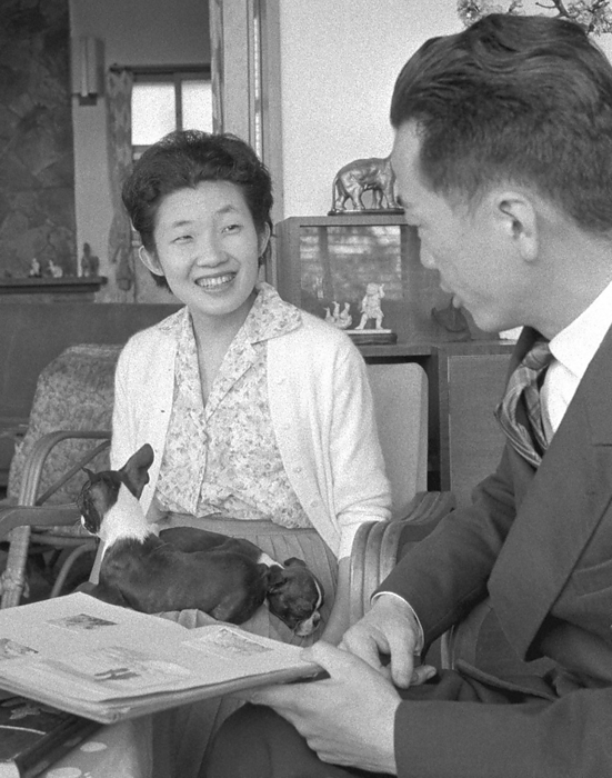 Mr. and Mrs. Takamasa Ikeda and Atsuko  Junmiya  The couple, Takamasa Ikeda  right  and Atsuko  Junmiya , are pleased to announce the marriage of the Crown Prince, in Okayama City, March 1959  photo by Kiichi Hashimoto .
