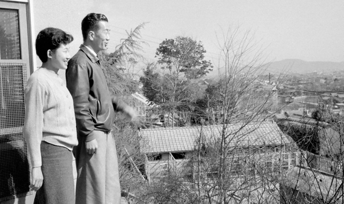 Mr. and Mrs. Takamasa Ikeda and Atsuko  Junmiya  Takamasa Ikeda  right  and his wife Atsuko  Junmiya , who were married for eight years in October 1952, in Okayama City, February 1960.