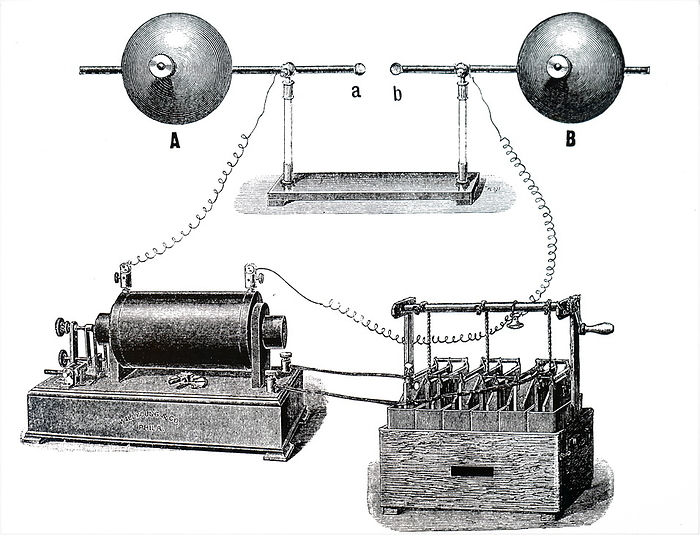 Illustration depicting Heinrich Hertz s oscillator and reflecting metal sheets Illustration depicting Heinrich Hertz s oscillator and reflecting metal sheets to show outward and return paths of electromagnetic  radio  waves. Heinrich Hertz  1857 1894  a German physicist who first conclusively proved the existence of the electromagnetic waves theorised by James Clerk Maxwell s electromagnetic theory of light. Dated 20th century 