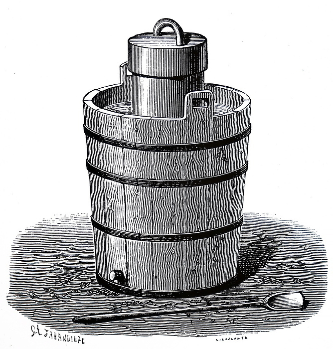 Illustration depicting a Sorbetiere Illustration depicting a Sorbetiere  ice pail . This apparatus, used for making ice at home, used a freezing mixture, usually two parts of crushed ice to one part salt, and was based on the principle that cold is produced by the liquefaction of substances. A canister containing the mixture to be frozen was placed in the centre of the bucket and the space around it packed with the freezing mixture. Dated 19th century