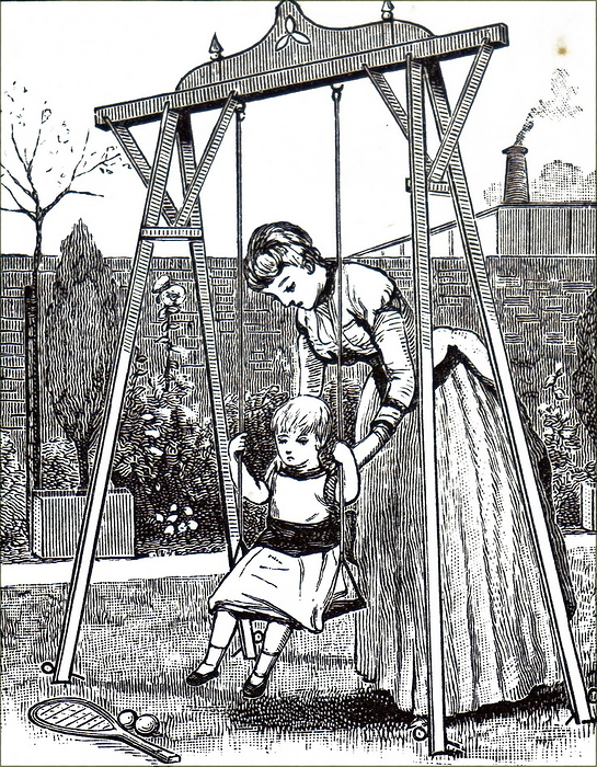 Illustration depicting a young mother playing with her child Illustration depicting a young mother playing with her child on the outdoor swing. Dated 19th century