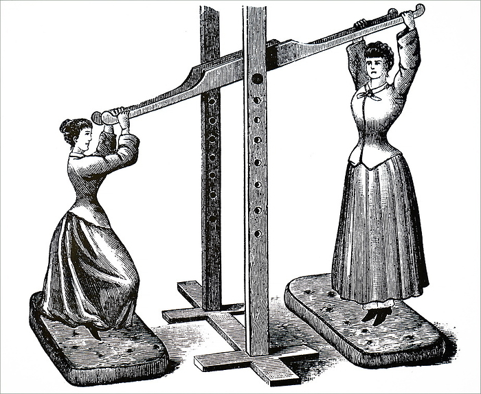 Illustration depicting female gymnasts using a see saw type machine Illustration depicting female gymnasts using a see saw type machine. Apparatus such as the bar, the ropes, or climbing frames which developed muscle were considered unsuitable for women. Instead female exercises were based on bending, stretching and swinging to encourage graceful carriage. 