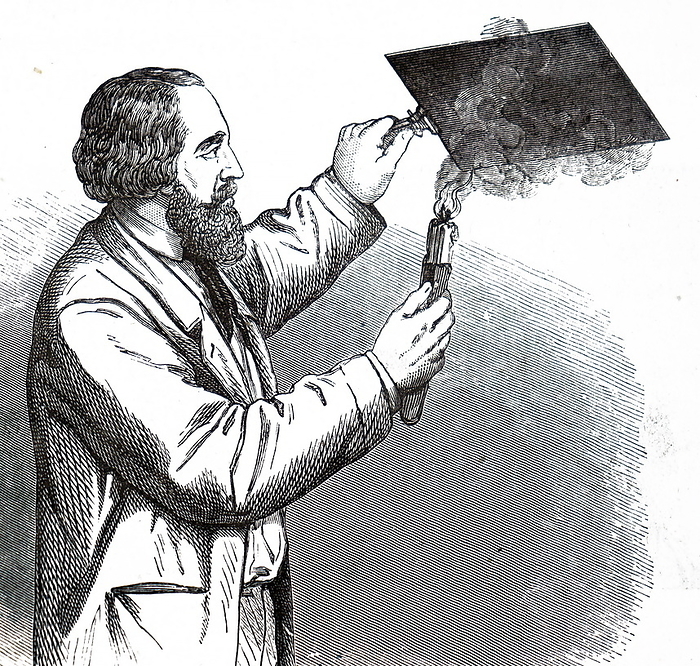 Illustration depicting the preparation of a sheet of copper for etching  Illustration depicting the preparation of a sheet of copper for etching. A sheet of polished copper was coated with varnish and then coated with a thin layer of carbon by smoking. The picture was stretched on this surface and the sheet was then placed into a bath of concentrated nitric acid. Dated 19th century