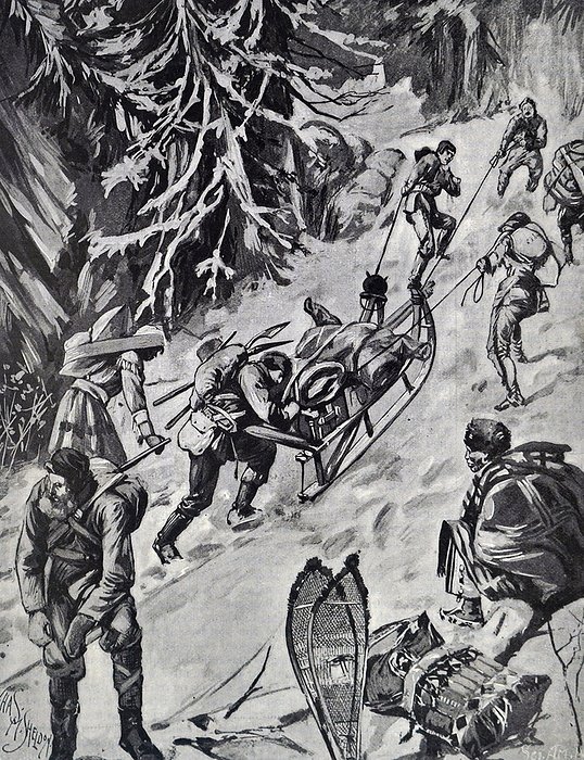 Engraving depicting prospectors transporting their baggage up the arduous Chilkoot Pass Engraving depicting Klondyke gold digging prospectors transporting their baggage up the arduous Chilkoot Pass, which involved a steep drag of 3,500 ft., and only the strongest and fittest were able to negotiate this route. Dated 19th century