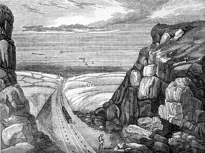 Engraving depicting a view of Seaham Harbour Engraving depicting a view of Seaham Harbour, Durham, showing the end of the inclined plane railway which carried coals to the waiting boats. The weight of the full wagons was sufficient to draw the empty wagons back to the colliery. Dated 19th century