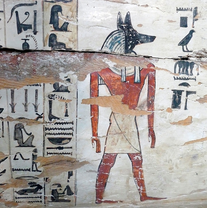 Detail from the wooden painted sarcophagus of Neb Sen. Cairo Museum. 18th Dynasty approx. 1500 BC Detail from the wooden painted sarcophagus of Neb Sen. Cairo Museum. 18th Dynasty approx. 1500 BC