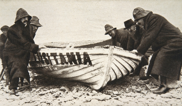 The  Lusitania  Incident The  Lusitania  Incident  May 8, 1915  Hauling one of the  Lusitania s  lifeboats onto the beach, Ireland, 8 May 1915.  Lusitania  was sunk off the Old Head of Kinsdale by a German u boat on 7 May 1915. Although an unarmed passenger ship, she was carrying munitions. 1198 people lost their lives, of whom 128 were US citizens. The sinking was a significant contributing factor to America s entry into World War I two years later.