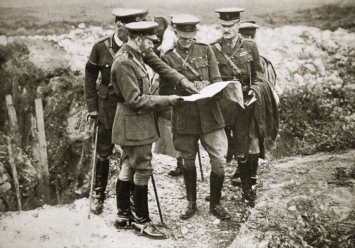 Genealogy of the British Royal Family  King George V  1916  King George V visits the front, France, World War I, 1916. During the Battle of the Somme. King George V  1865 1936  discusses the campaign with General Sir Henry Rawlinson  1864 1925 , commander of the British Fourth Army, and Lieutenant General Walter Congreve VC  1862 1927 , commander of XIII Corps.