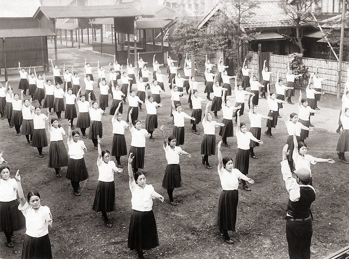 160905 0031   Physical Exercise at School    1930s Japan   Physical Exercise at School     Female students doing physical exercise at the school ground, 1936  Showa 11 .  20th century vintage gelatin silver print.  Photo by MeijiShowa Afro 
