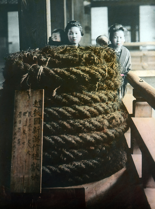 170201 0039   Rope of Human Hair   1900s Japan   Rope of Human Hair     Two Japanese girls and their charges behind a huge coiled rope, made from human hair, at Higashi Honganji Temple in Kyoto.  During the reconstruction of the temple in 1895  Meiji 28 , there was no rope strong enough to hoist the temple s massive wooden beams.  In response, female devotees cut off their hair and braided it into strong and thick ropes.  To this day, the rope is still on display, albeit now in a glass case.  20th century vintage glass slide.