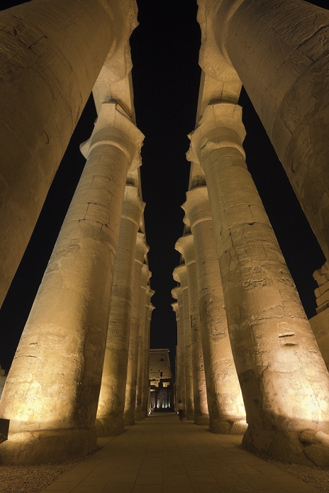 Illuminated Columned Hall inside Luxor Temple, Luxor, Egypt , Photo by Reinhard Dirscherl