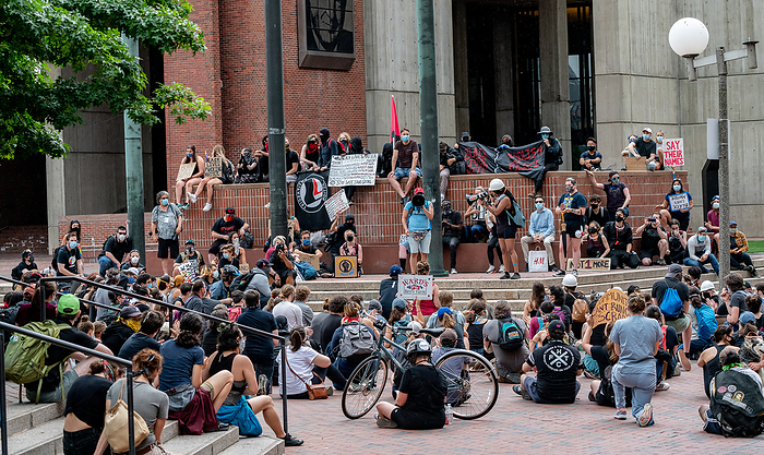 Police Supporters Demonstrate in Boston, U.S. Black Opposition Groups Also Gather in Protest June 27, 2020, Boston, Massachusetts, USA: People gather for a Black Lives Matter rally at Boston City Plaza following a counterprotest against a pro police rally in Boston.  Photo by Keiko Hiromi AFLO  