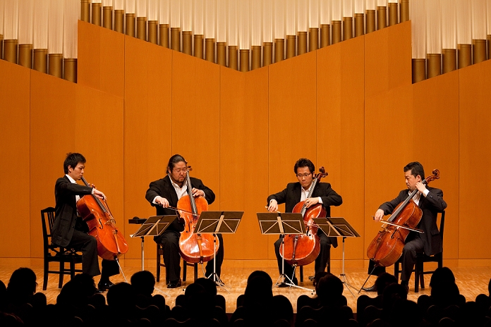 Cello quartet in concert at Sumida Triphony Hall, Tokyo. From left: Toru Hirota, Wataru Mukai, Hiroya Ichii, Kazuhisa Ogawa (June 17, 2010).
A Japanese cello quartet performs during a concert at Tokyo's Sumida Triphony Hall on Thursday, June 17, 2011. They are, from left: Toru Hirota; Wataru Mukai; Hiroya Ichi and Kazuhisa Ogawa. (Photo by Shinichi Tomita/AFLO) [0360].