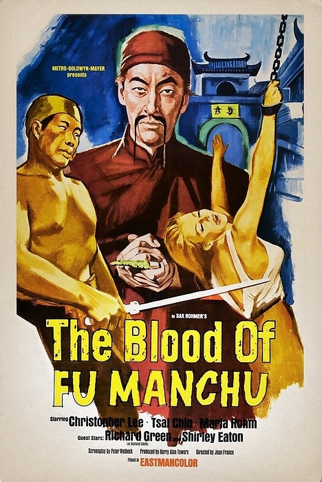 DOCTOR FU MANCHU, CHRISTOPHER LEE CINEMA Manifesto for the film  The Blood of Fu Manchu  directed by the Spanish Jes  s Franco  12 May 1930   2 April 2013 , the last of five films produced by Harry Alan Towers dedicated to the character of the evil Dr. Fu Manchu in Christopher Lee s performance  May 27, 1922   June 7, 2015 . Designed by the British writer Sax Rohmer  pseudonym of Arthur Sarsfield Ward, 15 February 1883   1 June 1959 , Fu Manchu represents the prototype of the evil genius, the sworn enemy of the Western world, the personification of the  yellow danger . International production Great Britain, Spain, Germany, USA, 1968.