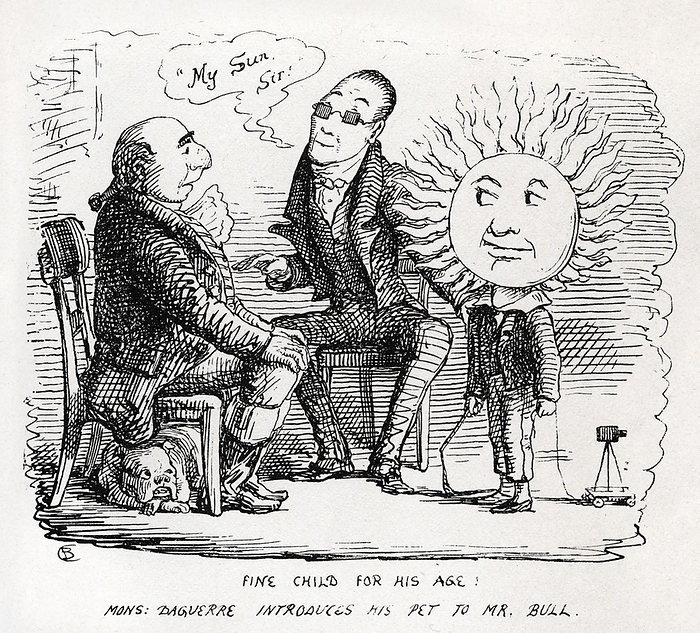 DAGUERRE PRESENTS ITS INVENTION TO JOHN BULL HISTORY OF PHOTOGRAPHY  My Sun, Sir. Fine child for his age . It is played on the assonance of the words  son   son  and  sun   sun : Daguerre presents to John Bull the  son , who drags like a toy a camera on a miniature tripod. Illustration of the humorous treatise titled  Photographic Pleasures, Popularly portrayed with pen and pencils , by Cuthbert Bede, BA  stage name of Edward Bradley, 25 March 1827   12 December 1889 . T. McLean, London 1855