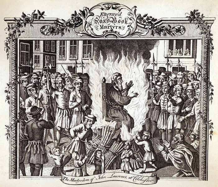 PROTESTANT MARTYRS RELIGIOUS PERSECUTIONS The martyrdom of John Laurence in Colchester in Essex, one of hundreds of executions of Protestant Christians condemned to the stake by Maria I Tudor  the Catholic . According to the chronicle of John Foxe, while Laurence began to consume alive in the flames, some children, approaching the stake without any adult having induced them to do so, wept and invoked the Lord who gave strength to His servant, and that he kept his promises  the religious was burned on March 29, 1555 chained to a chair, with which he seems to have been transported to the place because the chains and the strains of imprisonment had reduced him unable to stand up. Illustration from the  Book of Martyrs , originally written by John Foxe  1516   8 April 1587 , revised by Reverend Madan   H. Trapp. Copper engraving, London 1776