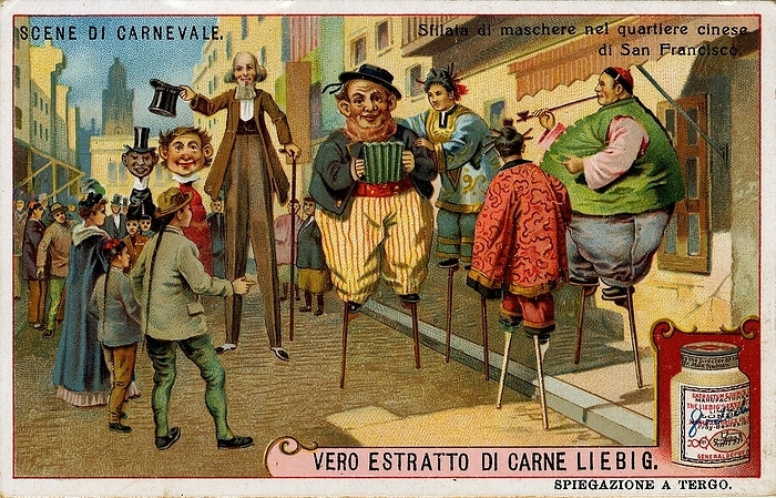 CARNIVAL IN SAN FRANCISCO CARNIVAL parade of masks in the Chinese district of San Francisco. Chromolithography, figurine Liebig  Scene of Carnival , Italy 1910.