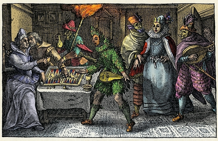 CARNIVAL IN GERMANY XVII CENTURY CARNIVAL Masks visiting all homes bring the rituals of Carnival celebrations in every home. At the table you play backgammon. Colored woodcut, Germany 17th century.
