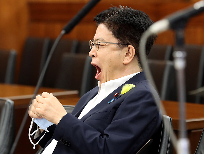 Japanese Health Minister Katsunobu Kato attends Upper House s health, labor and welfare committee session July 2, 2020, Tokyo, Japan   Japanese Health, Labor and Welfare Minister Katsunobu Kato gives a yawn before starting Upper House s health, labor and welfare committee session at the National Diet in Tokyo on Thursday, July 2, 2020. 107 people were infected with the new coronavirus in Tokyo, the highest number in daily case since May 2, news reported on July 2   Photo by Yoshio Tsunoda AFLO 