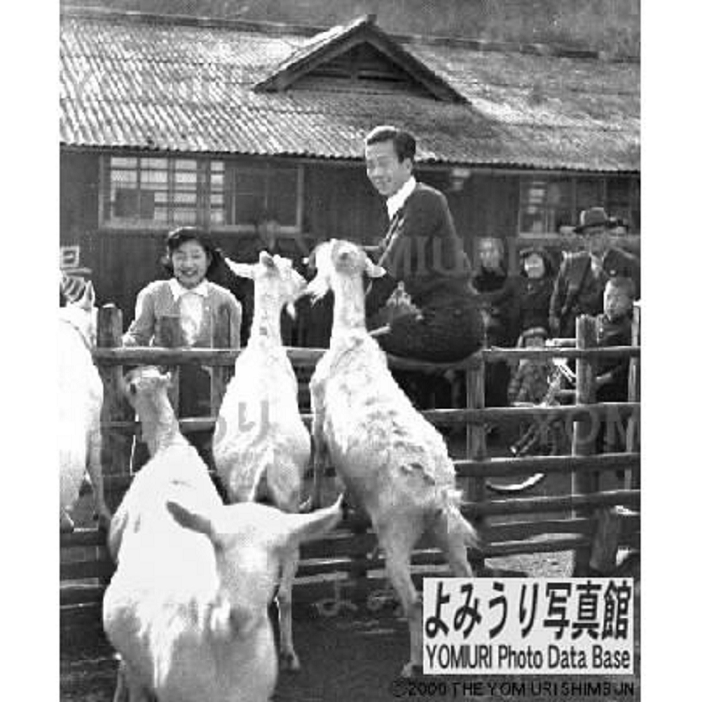 Mr. and Mrs. Takamasa and Atsuko Ikeda feeding goats at Ikeda Zoo   Okayama 1952 Atsuko Ikeda  left  and Takamasa Takamasa  center  feed goats at Ikeda Farm. Ikeda Industrial Zoo will open on February 14  December 7, 1952, Okayama Prefecture Photographed on December 7, 1952 Published in the society section of the morning edition of January 30, 1953