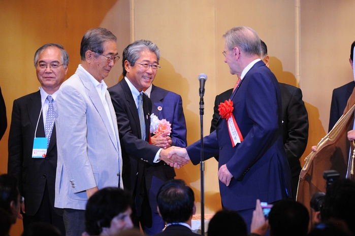 Governor Ishihara, announces candidacy to host the 2020 Summer Olympics  L to R  Shintaro Ishihara, Governor of Tokyo Tsunekazu Takeda, President of the JOC Jacques Rogge, IOC President JULY 16, 2011 : Japan Sport Association and Japanese Olympic Committee 100th Anniversary Commemorative Reception  Photo by YUTAKA Associated Press   Photo by YUTAKA AFLO SPORT   1040 .