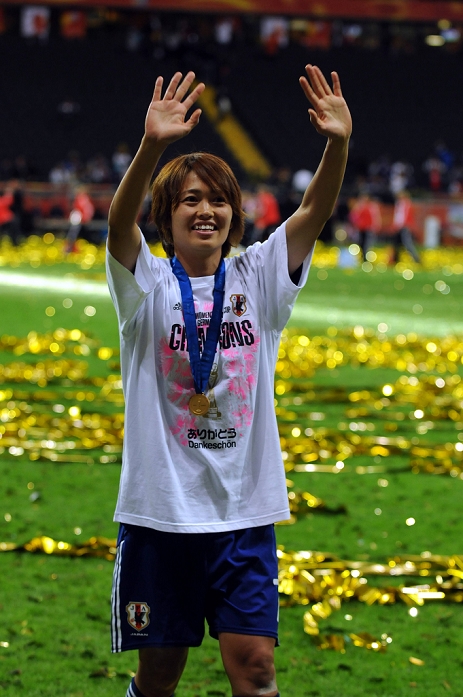 2011 FIFA Women s World Cup Nadeshiko Japan wins first place Kozue Ando  JPN , JULY 17, 2011   Football : Kozue Ando of Japan celebrates her gold medal after winning the FIFA Women s World Cup Germany 2011 Final match between Japan 2 3 1 2 United States at Commerzbank Arena in Frankfurt, Germany.