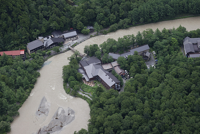 The Kappa Bridge area in Kamikochi. The muddy Azusa River The Kappa Bridge area in Kamikochi. The muddy Azusa River in Matsumoto City, Nagano Prefecture, Japan, at 5:04 p.m. on July 8, 2020. 6 minutes from the head office helicopter