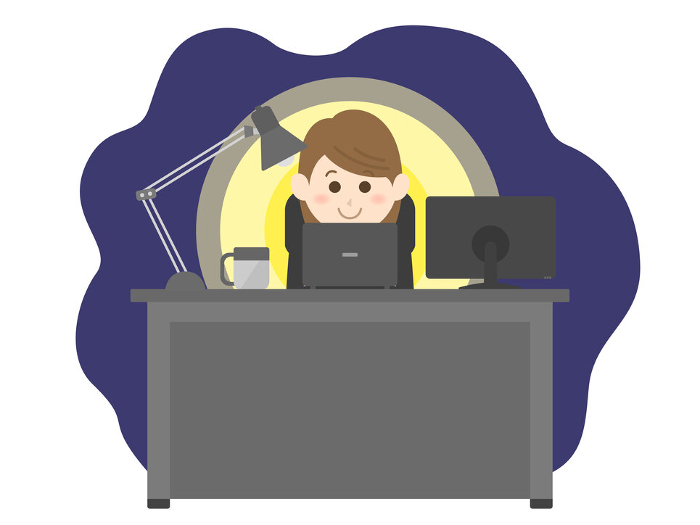 Clip art of woman working at desk at night