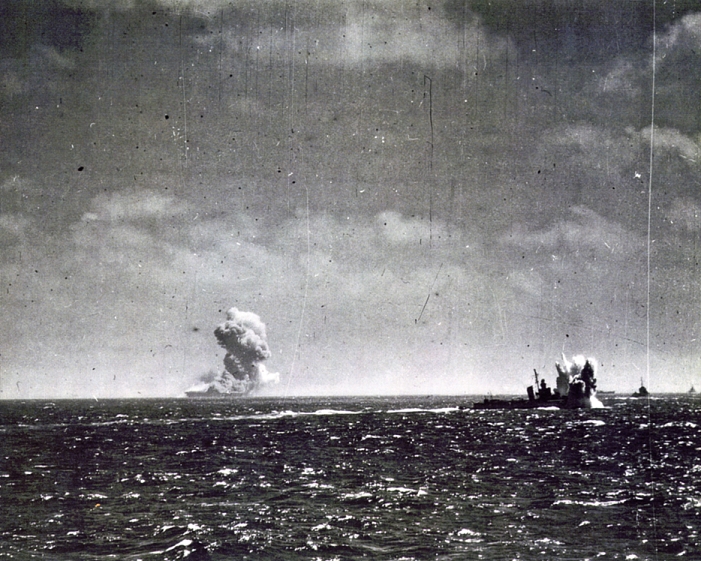 Pacific War  1941 1945  September 15, 1942, Solomon Islands   USS Wasp is on fire shortly after being torpedoed by Japanese submarine I 19 in September 15, 1942, Solomon Islands . She participated the naval Battle of the Eastern Solomons  also called The Battle of the Stewart Islands or The Second Battle of the Solomon Sea  in August 23 24, 1942, which was the first battle of the Solomon Sea. She participated the naval Battle of the Eastern Solomons  also called The Battle of the Stewart Islands or The Second Battle of the Solomon Sea  in August 23 24, 1942, which was the third carrier battle of the Pacific campaign of World War II and the second major engagement fought between the United States Navy and the Imperial Japanese Navy during the Guadalcanal Campaign.  Photo by Kingendai Photo Library AFLO  Torpedoes fired from the submarine I 19 and missing the Wasp were fired by the battleship North Carolina and the destroyer O Brien. The torpedo hit the battleship  North Carolina  and the destroyer  O Brien  and sank the  O Brien . The Wasp is in the background, billowing smoke. The  O Brien  is in the right foreground.
