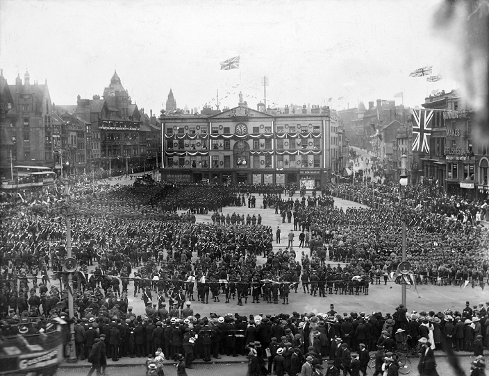 Genealogy of the British Royal Family  King George V  Coronation June 22, 1911  Coronation celebrations for King George V, Market Place, Nottingham, Nottinghamshire, 1911.     Local Caption     Coronation celebrations for King George V, Market Place, Nottingham, Nottinghamshire, 1911. King George V  1910 1936  was born on 3rd June 1865, the second son of Edward VII and Alexandra. His early education was somewhat insignificant as compared to that of the heir apparent, his older brother Albert. George chose the career of professional naval officer and served competently until Albert died in 1892, upon which George assumed the role of the heir apparent. He married Mary of Teck  affectionately called May  in 1893, who bore him four sons and one daughter. The coronation of King George V took place at Westminster Abbey on 22 June 1911. He died the year after his silver jubilee after a series of debilitating attacks of bronchitis, on January 20, 1936.