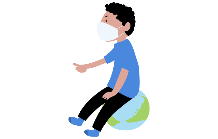 Illustration of a masked boy sitting on an earth cushion and pointing his finger