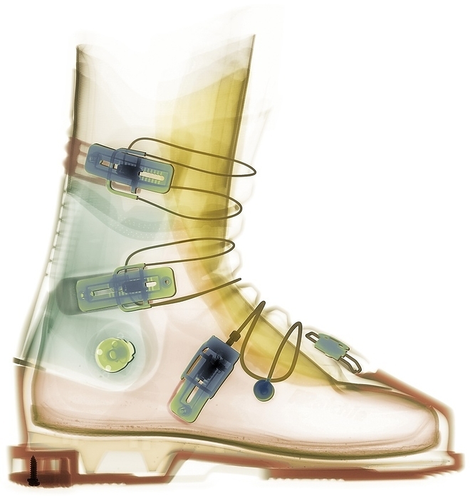 Ski boot, X ray Ski boot, coloured X ray.