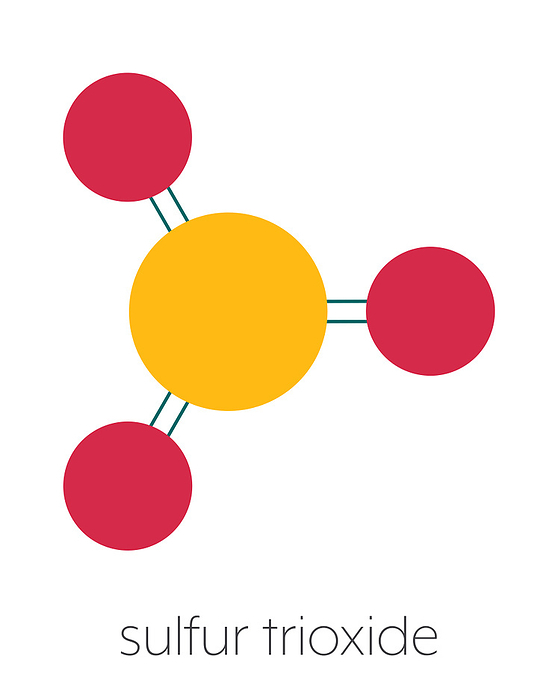 Sulfur trioxide pollutant molecule, illustration Sulfur trioxide pollutant molecule. Principal agent in acid rain. Stylized skeletal formula  chemical structure : Atoms are shown as color coded circles: sulfur  yellow , oxygen  red .