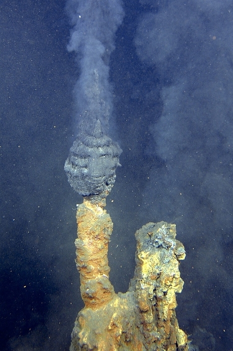Black smoker hydrothermal vent This image may not be used to state or imply NOAA endorsement of any company or product   Black smoker hydrothermal vent at the northwest caldera site of the Kermadec volcanic island arc, South Pacific Ocean. Black smokers are seabed volcanic vents where minerals dissolve in water superheated by magma  molten rock . The minerals precipitate out on contact with the cold surrounding water, producing  smoke . The minerals form crusts around the vents, causing them to grow into tall chimneys over time.  Deep sea vents such as this provide an unusual habitat that some organisms are able to exploit.