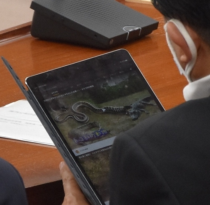 Former Science and Technology Minister Takuya Hirai browses through a tablet he brought with him during a House of Representatives Cabinet Committee meeting on May 13, 2020. He watched a video of a crocodile being attacked by a giant snake for about five minutes. Former Science and Technology Minister Takuya Hirai browses through a tablet he brought with him during a House of Representatives Cabinet Committee meeting on May 13, 2020. He watched a video of a crocodile being attacked by a giant snake for about five minutes.