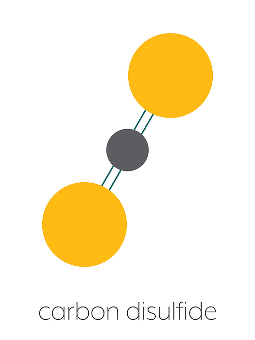 Carbon disulfide molecule, illustration Carbon disulfide  CS2  molecule. Liquid used for fumigation and as insecticide. Stylized skeletal formula  chemical structure : Atoms are shown as color coded circles: sulfur  yellow , carbon  grey .