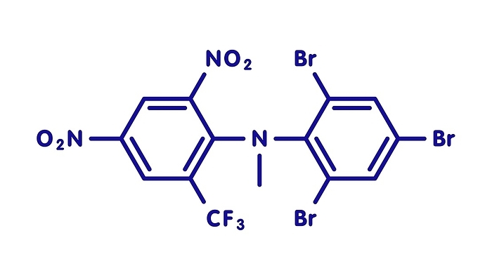 Bromethalin rodenticide molecule, illustration Bromethalin rodenticide molecule  rat poison . Skeletal formula.
