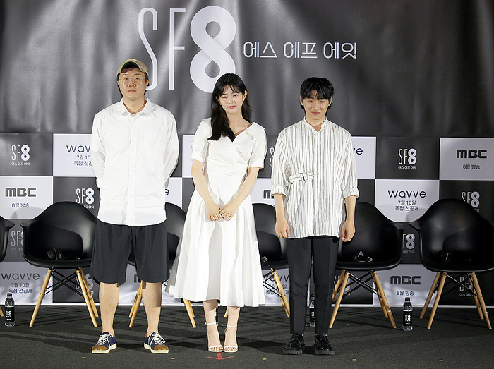 Press conference for drama SF8 in Seoul Ahn Gooc Jin, Shin Eun Soo and Lee David, July 08, 2020 :  L R  South Korean director Ahn Gooc Jin, actress Shin Eun Soo and actor Lee David pose during a press conference for  Baby It s Over Outside , an episode of drama  SF8  in Seoul, South Korea. Cinematic drama SF8 is the Korean equivalent of the  Black Mirror  anthology series. It is comprised of eight episodes and unravels philosophical questions throughout each episode s futurist premise including the presence of virtual reality and artificial intelligence. The anthology piece was created by eight different directors and is a crossover project among the Directors Guild of Korea, MBC, Wavve and Soo Film.  Photo by Lee Jae Won AFLO   SOUTH KOREA 