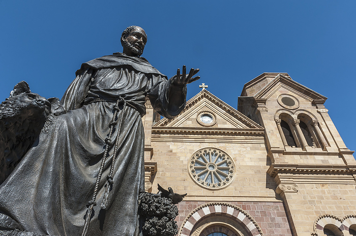 United States of America A Statue Of St. Francis Of Assisi Prominently Adorns The Front Entrance Of The St. Francis Cathedral In Santa Fe, New Mexico, Usa Photo by Chris Parker   Design Pics