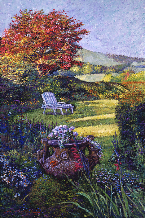 David Lloyd Glover A PLACE OF PEACE Name of the artist: David Lloyd Glover Title: A PLACE OF PEACE Caption: Impressionist painting of a shady rest in a colorful garden. Original painting oil on canvas 91.4 x 61 cm by David Lloyd Glover