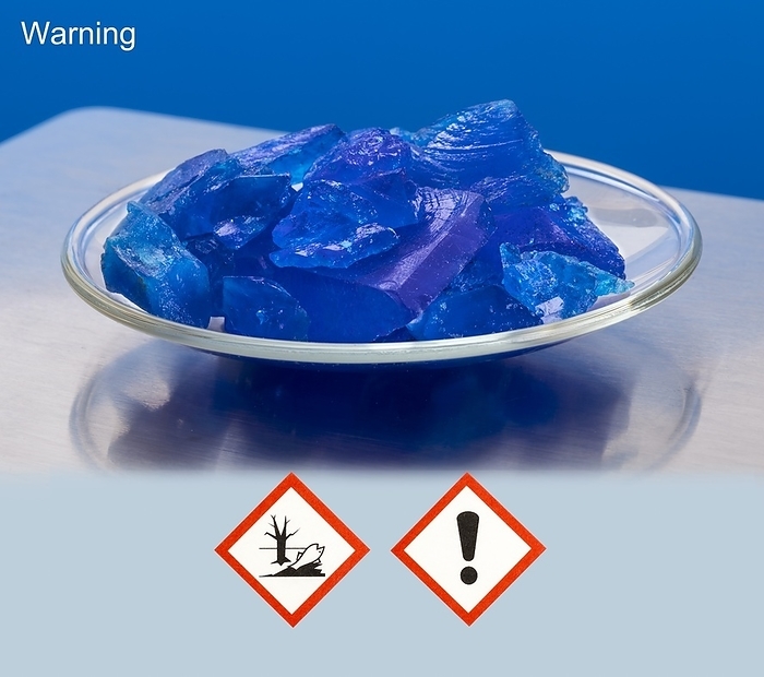 Copper II sulphate with hazard pictograms Copper II sulphate water 5 on watch glass. Copper II sulfate pentahydrate large crystals  CuSO45H2O  Molar mass 249.685 g mol. Also known as copper sulphate, blue vitriol, bluestone, vitriol of copper, Roman vitriol, It is an inorganic compound, exothermic as it dissolves in water. It is used as a fungicide. in the laboratory it is a component of Fehling s andBenedict s solutionsto test forreducing sugars. In aBiuret reagentit is used to test for proteins. Heating will convert it to its grey white anhydrous state and adding water to anhydrous powder will convert it back to pentahydrate. There are several methods to grow large copper sulphate crystals.